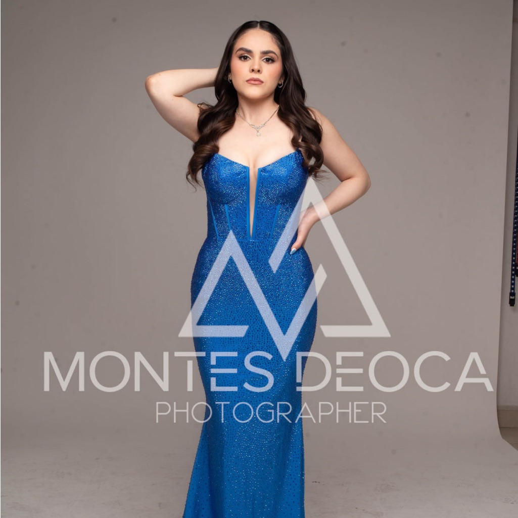 Sherri Hill Blue Sleeveless Plunge Neck Prom Gown